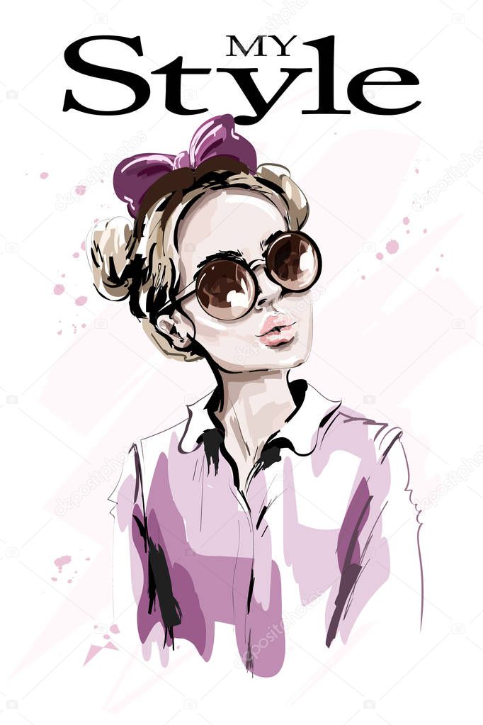 Hand drawn beautiful young woman in sunglasses. Fashion woman with hair bow. Stylish cute girl. Sketch.