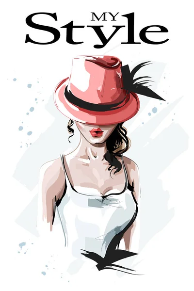 Χέρι Συρμένο Όμορφη Νεαρή Γυναίκα Κόκκινο Καπέλο Μόδα Γυναίκα Σγουρά — Διανυσματικό Αρχείο