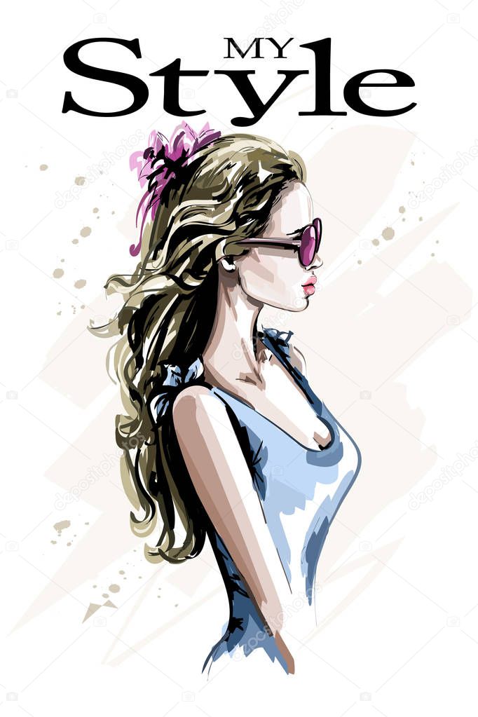 Hand drawn beautiful young woman in sunglasses. Blonde hair fashion woman. Stylish lady. Sketch. 