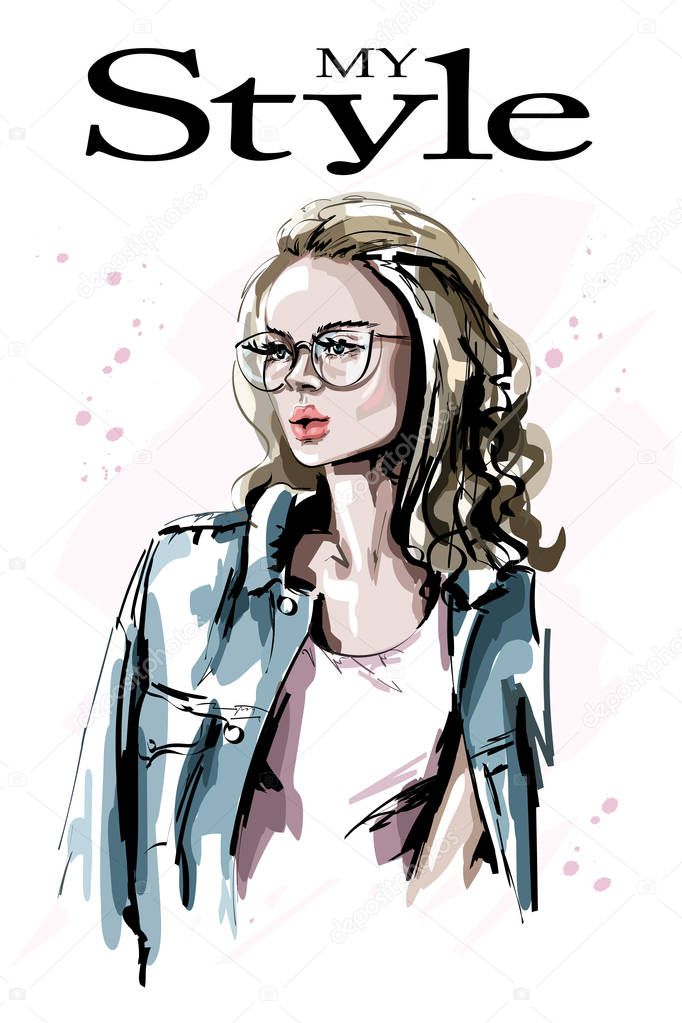 Hand drawn beautiful young woman in eyeglasses. Fashion blonde hair woman. Stylish girl. Sketch.