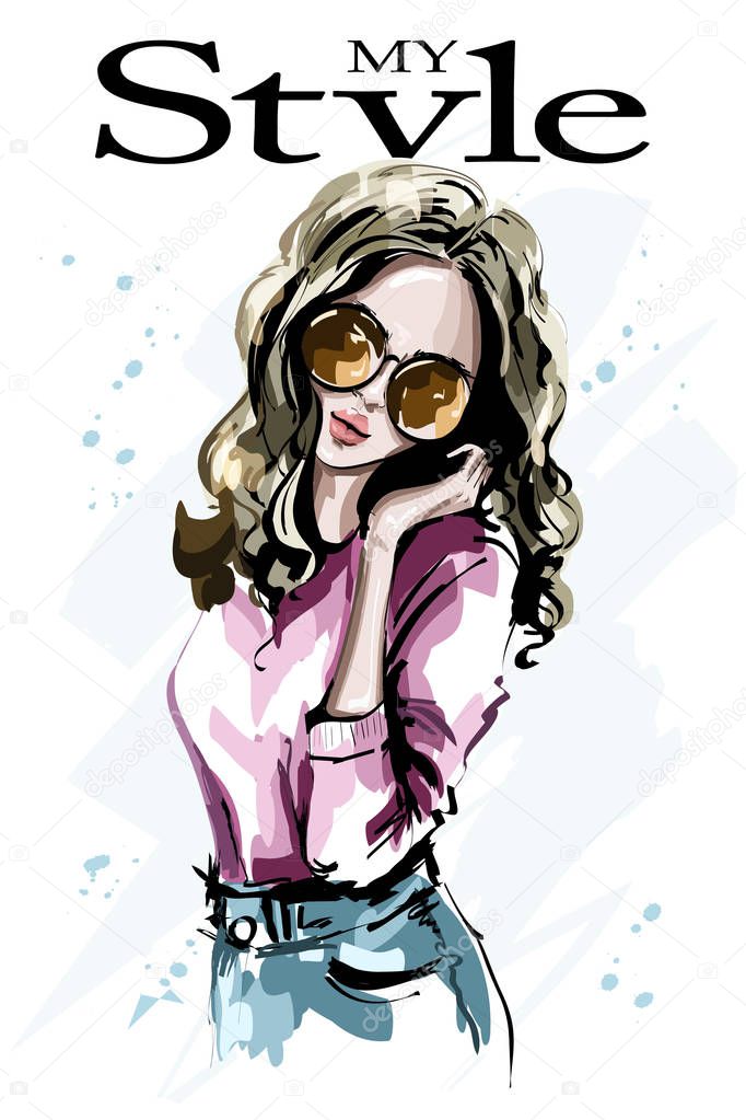 Hand drawn beautiful young woman in sunglasses. Fashion woman portrait. Stylish girl. Sketch. Vector illustration. 