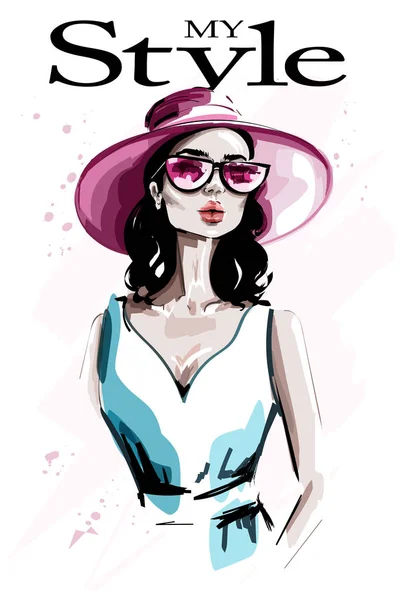 Mujer Joven Dibujada Mano Con Sombrero Mujer Moda Gafas Sol — Vector de stock