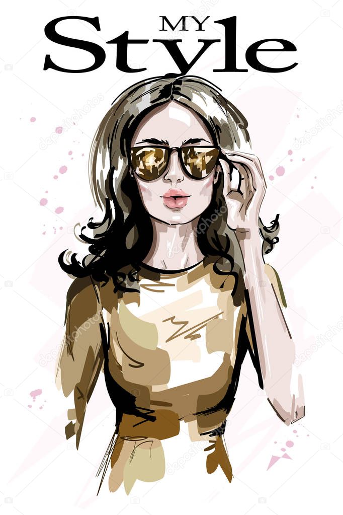 Hand drawn beautiful woman in sunglasses. Fashion woman portrait. Stylish lady. Sketch. Vector illustration.