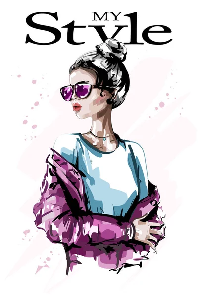 Hand Drawn Beautiful Young Woman Sunglasses Stylish Elegant Girl Fashion — Stock Vector