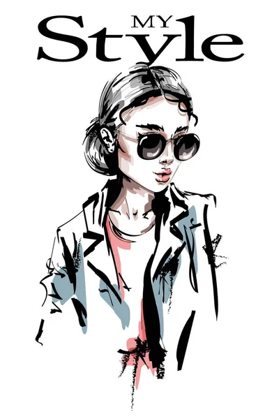 Hand Drawn Beautiful Young Woman Sunglasses Stylish Elegant Girl Fashion — Stock Vector