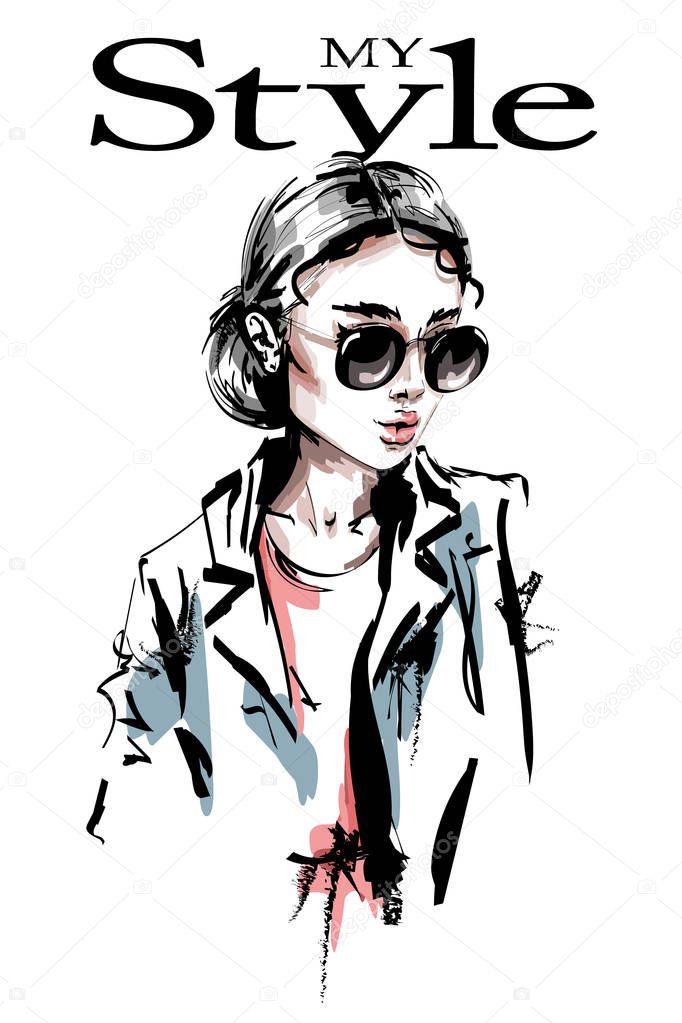 Hand drawn beautiful young woman in sunglasses. Stylish elegant girl. Fashion woman. Sketch.