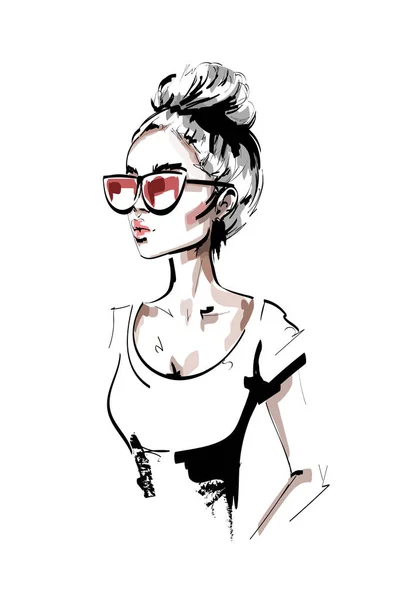 Çekilmiş Güzel Genç Kadın Güneş Gözlüğü Şık Zarif Kız Moda — Stok Vektör