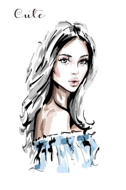 El çekilmiş güzel genç kadın portre. Şık zarif kız. Moda kadın yüzü. Kroki.