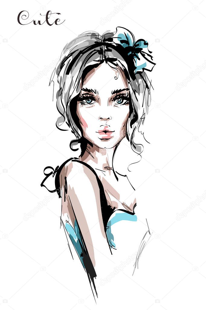 Hand drawn beautiful young woman with bow on her hair. Stylish elegant girl. Fashion woman portrait. Sketch.