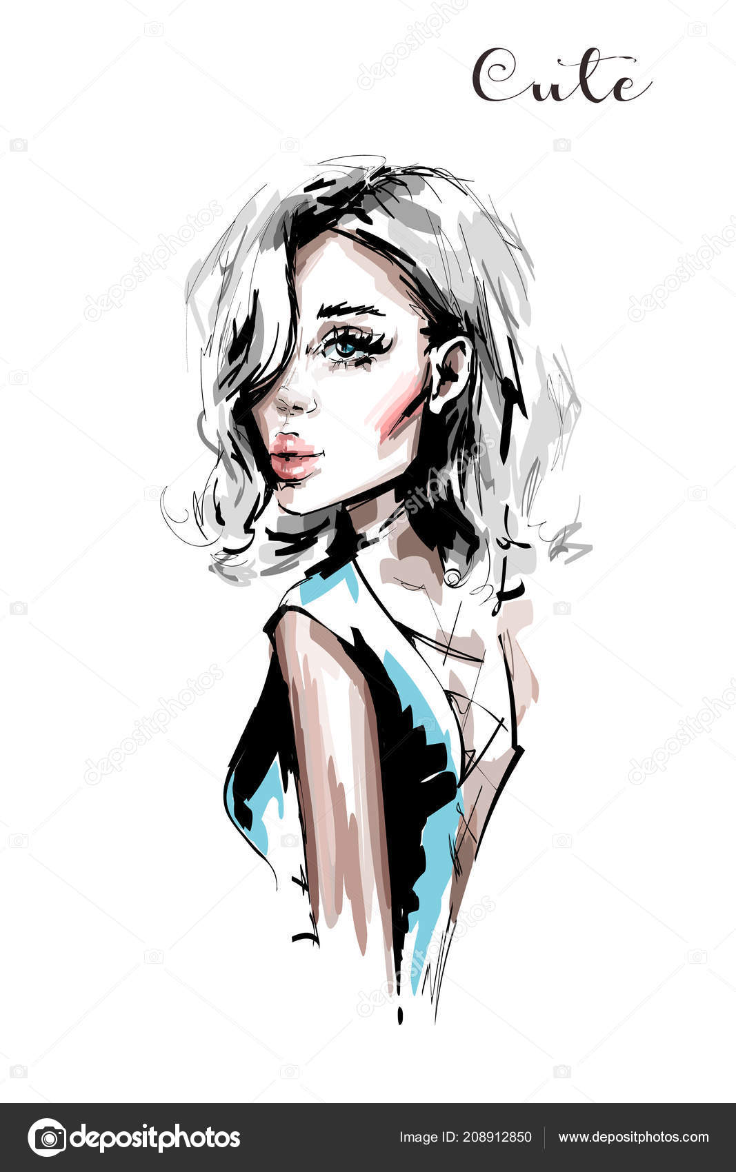 Hand Drawn Beautiful Young Woman Blonde Hair Stylish Elegant Girl