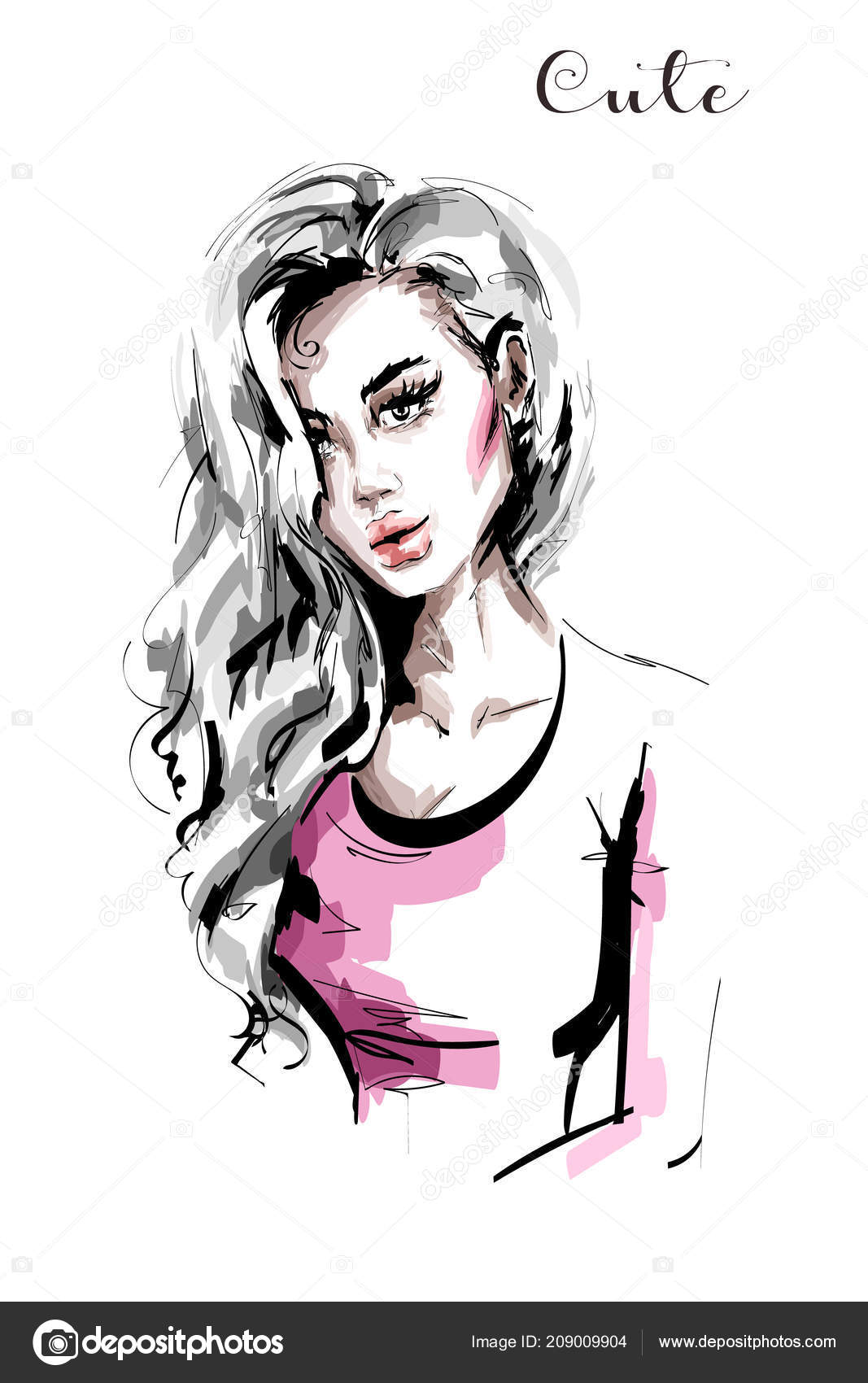 Hand Drawn Beautiful Young Woman Long Hair Stylish Elegant