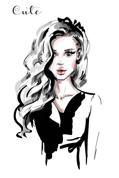 Belle Jeune Femme Dessinée Main Avec Longs Cheveux Blonds Élégante — Image vectorielle