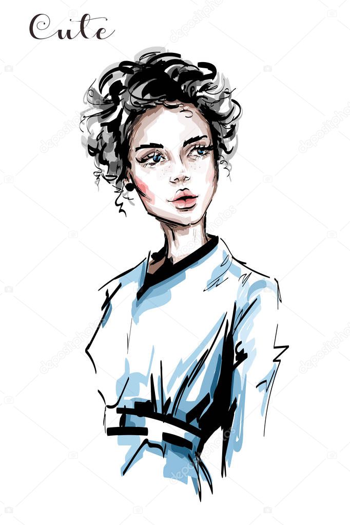 Hand drawn beautiful young woman with curly hair and freckles on her face. Stylish elegant girl. Fashion woman portrait. Sketch. 