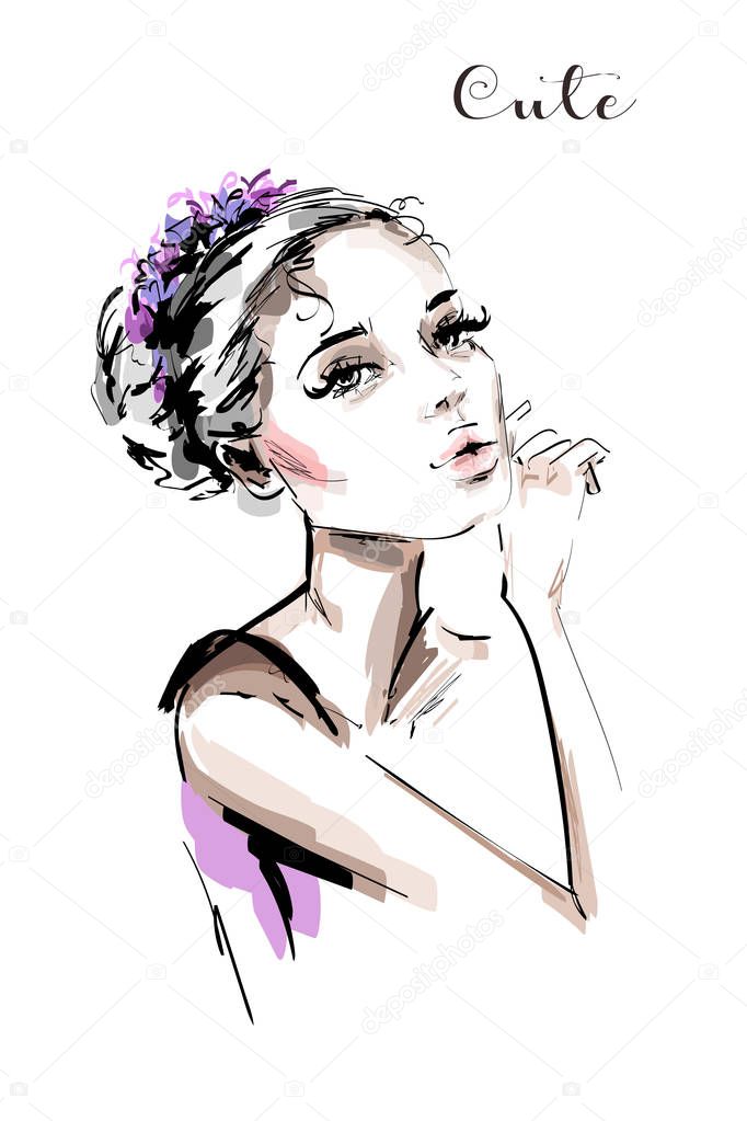 Hand drawn beautiful young woman portrait. Stylish elegant girl. Fashion woman. Sketch.