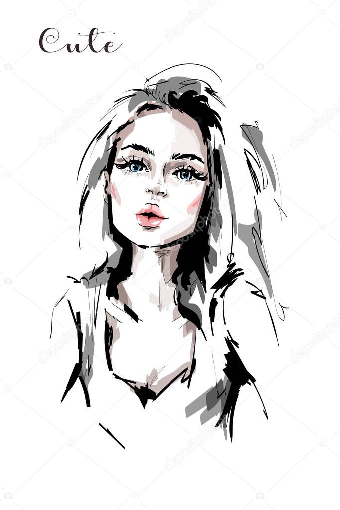 Hand drawn beautiful young woman. Stylish elegant girl. Fashion woman portrait. Sketch.