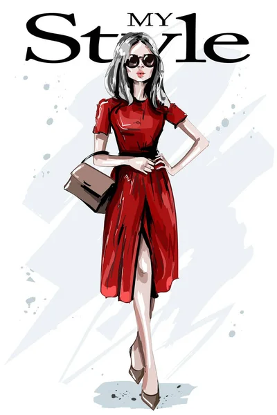 Hand Drawn Beautiful Young Woman Red Dress Stylish Elegant Girl — Stock Vector