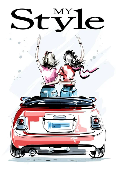 Hermosas Mujeres Jóvenes Dibujadas Mano Coche Rojo Elegantes Chicas Elegantes — Vector de stock