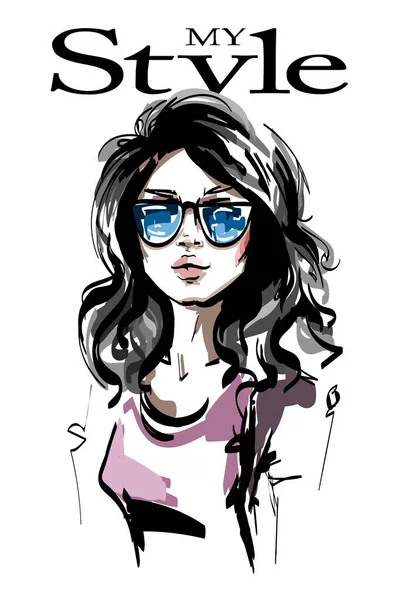 Hand Drawn Beautiful Young Woman Sunglasses Stylish Elegant Girl Curly — Stock Vector