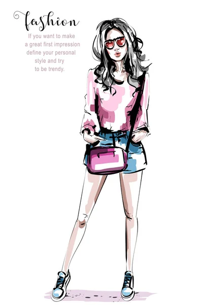 Hand Drawn Beautiful Young Woman Bag Stylish Elegant Girl Fashion — Stock Vector