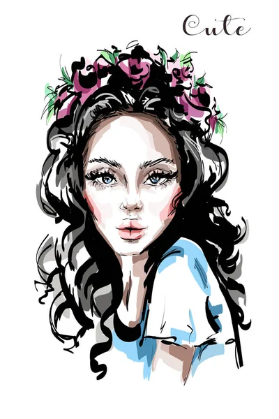 Mujer Joven Dibujada Mano Con Guirnalda Flores Pelo Elegante Chica — Vector de stock