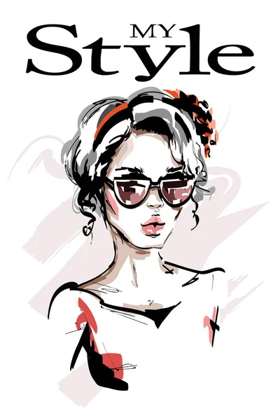 Hand Drawn Beautiful Young Woman Sunglasses Stylish Elegant Girl Fashion — Stock Vector