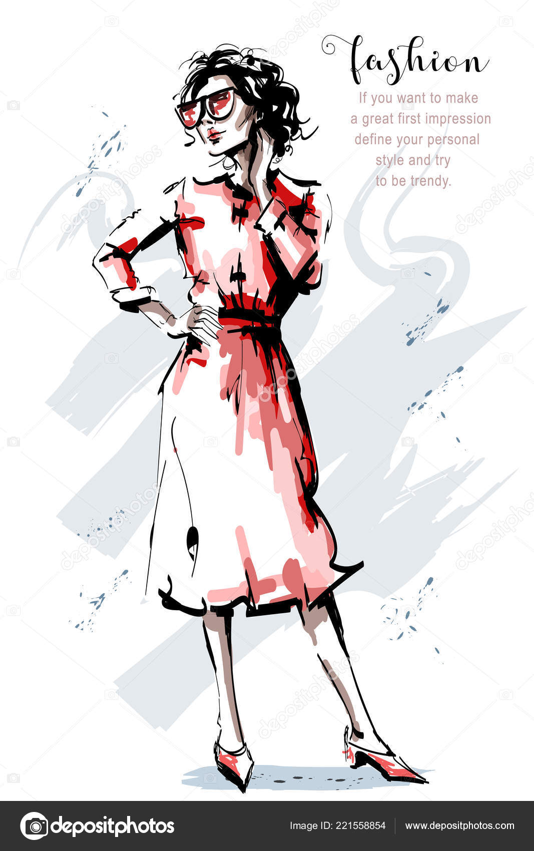 Hand Drawn Beautiful Young Woman Red Dress Stylish Elegant