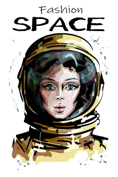 Hand Drawn Beautiful Space Woman Portrait Stylish Female Astronaut Space — Stock Vector