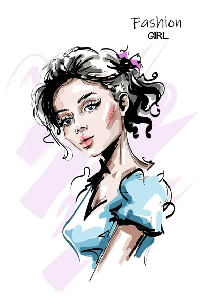 Mano Disegnato Bella Bionda Capelli Giovane Donna Elegante Ragazza Elegante — Vettoriale Stock