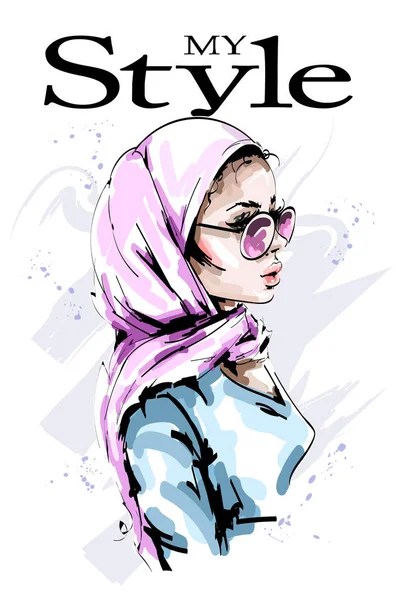 Belle Jeune Femme Dessinée Main Foulard Élégante Fille Élégante Hijab — Image vectorielle