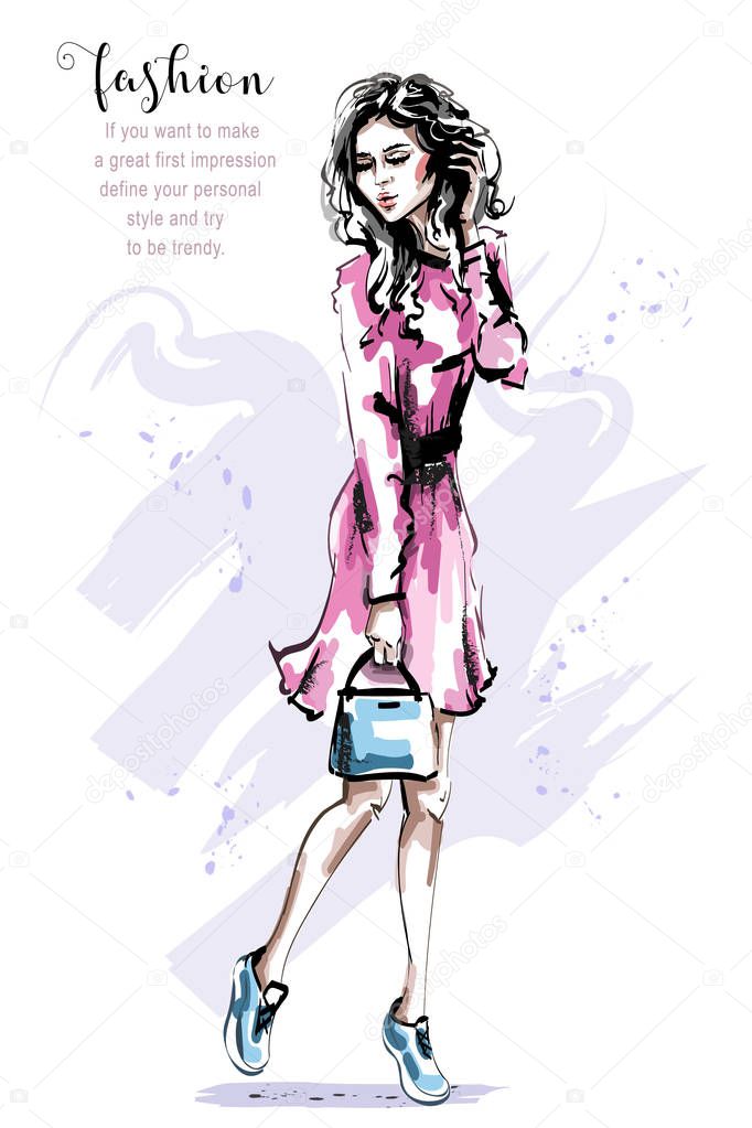 Hand drawn beautiful young woman in pink dress. Stylish elegant girl with bag. Fashion woman outfit. Sketch. 