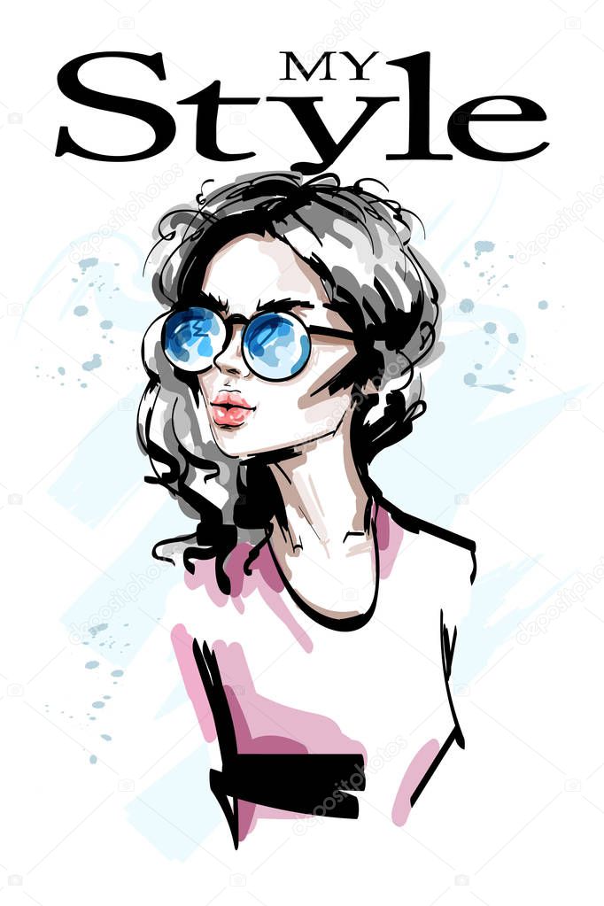 Hand drawn beautiful young woman in sunglasses. Stylish elegant girl. Fashion woman portrait. Sketch.