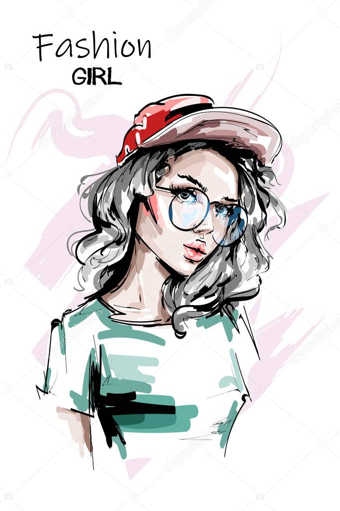 Hand drawn beautiful young woman in red cap. Stylish elegant girl in casual clothing. Fashion woman portrait. Sketch.
