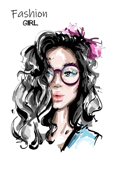 Hand Drawn Beautiful Young Woman Long Hair Stylish Elegant Girl — Stock Vector