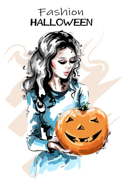 Bella Donna Disegnata Mano Con Zucca Halloween Elegante Ragazza Elegante — Vettoriale Stock