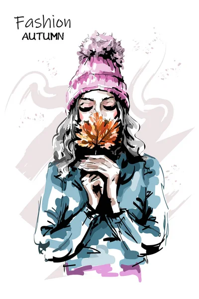 Hand Drawn Beautiful Young Woman Holding Autumn Leaf Stylish Elegant — Stock Vector