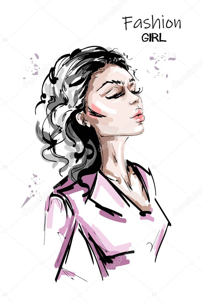 Hand drawn beautiful young woman profile. Stylish elegant girl. Fashion woman portrait. Sketch. 