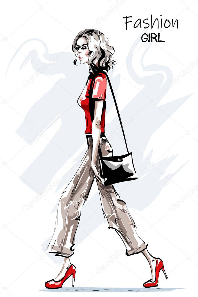 Hand drawn beautiful young woman fashion look. Stylish elegant girl with bag. Fashion woman full body portrait. Sketch. 