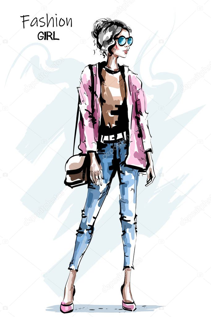 Hand drawn beautiful young woman with bag. Stylish autumn outfit. Fashion woman look. Sketch.