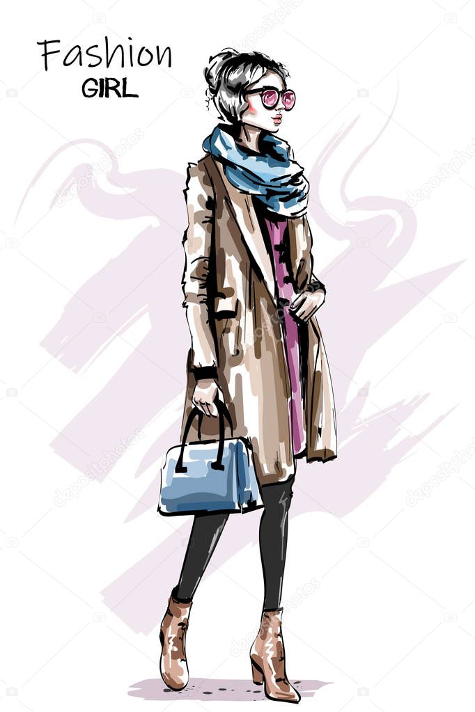 Hand drawn beautiful young woman in coat. Stylish elegant girl autumn outfit. Fashion woman full body portrait. Sketch. 