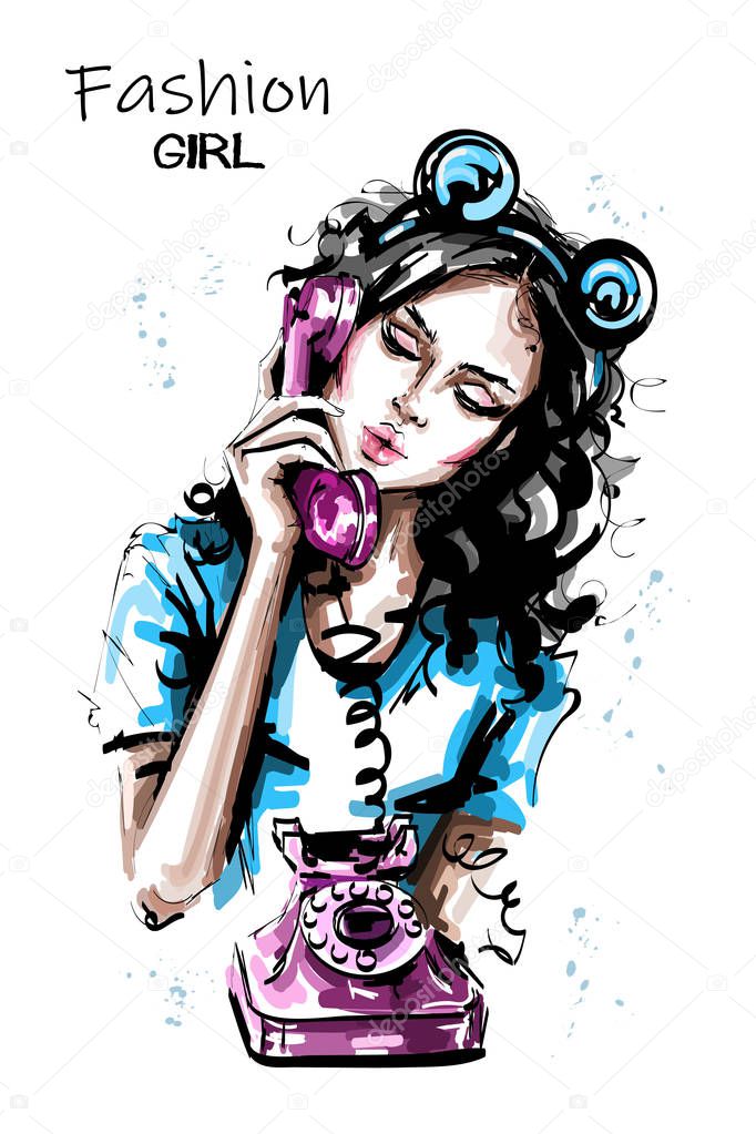 Hand drawn beautiful young woman holding handset of an old vintage style telephone. Stylish elegant girl with bear ears head accessory. Fashion woman portrait. Sketch. 