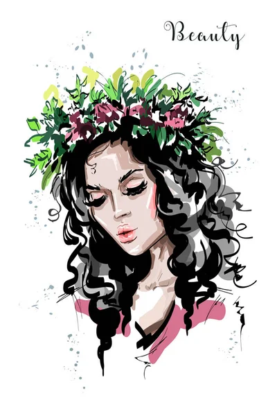 花の花輪で手描き美しい森ガール 若い女性はニンフ ドライアドに似ています ファッション女性の肖像画 スケッチ — ストックベクタ