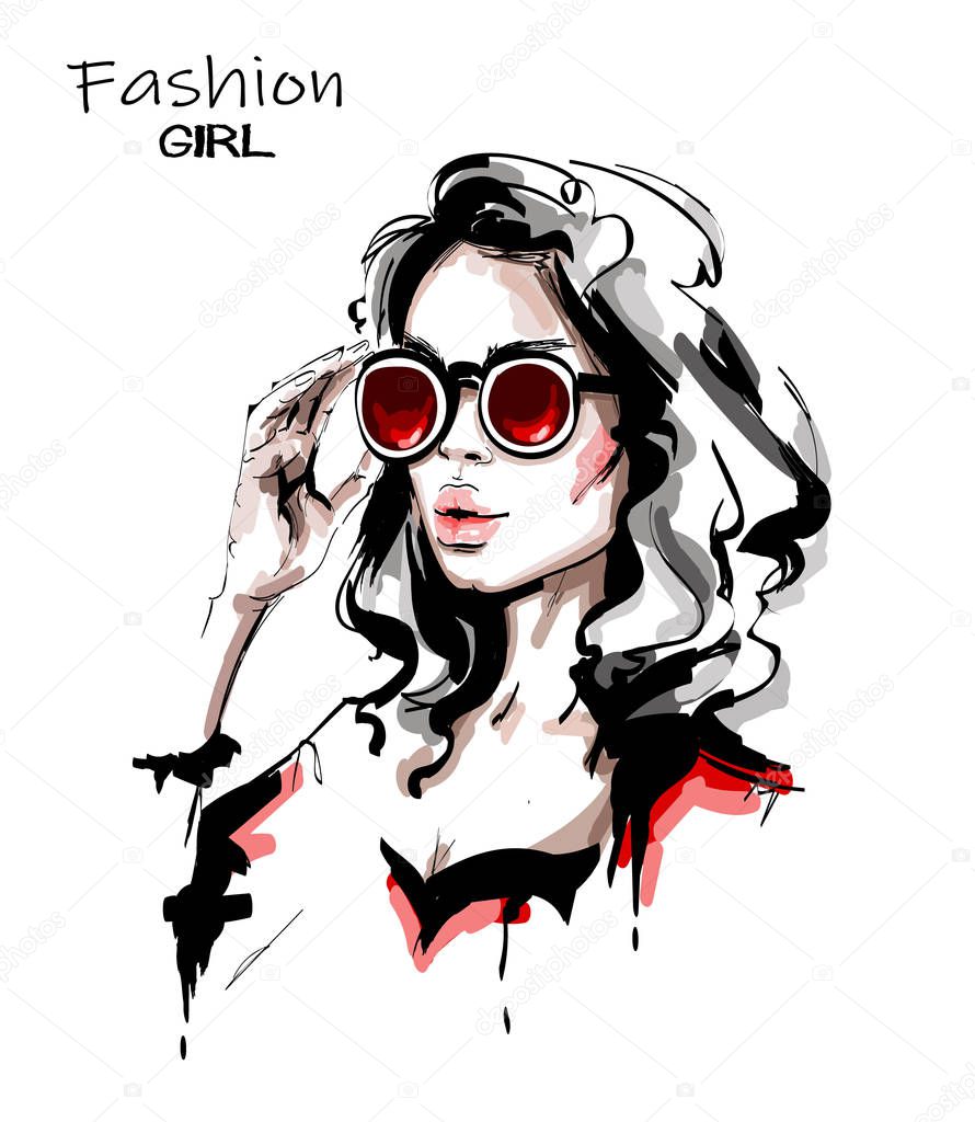Hand drawn beautiful young woman in sunglasses. Stylish elegant girl. Fashion woman portrait. Sketch. 