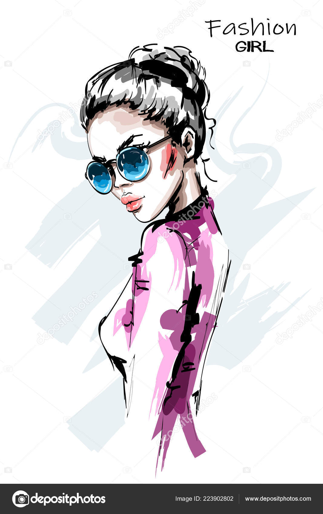 Hand Drawn Beautiful Young Woman Sunglasses Stylish Elegant Blonde