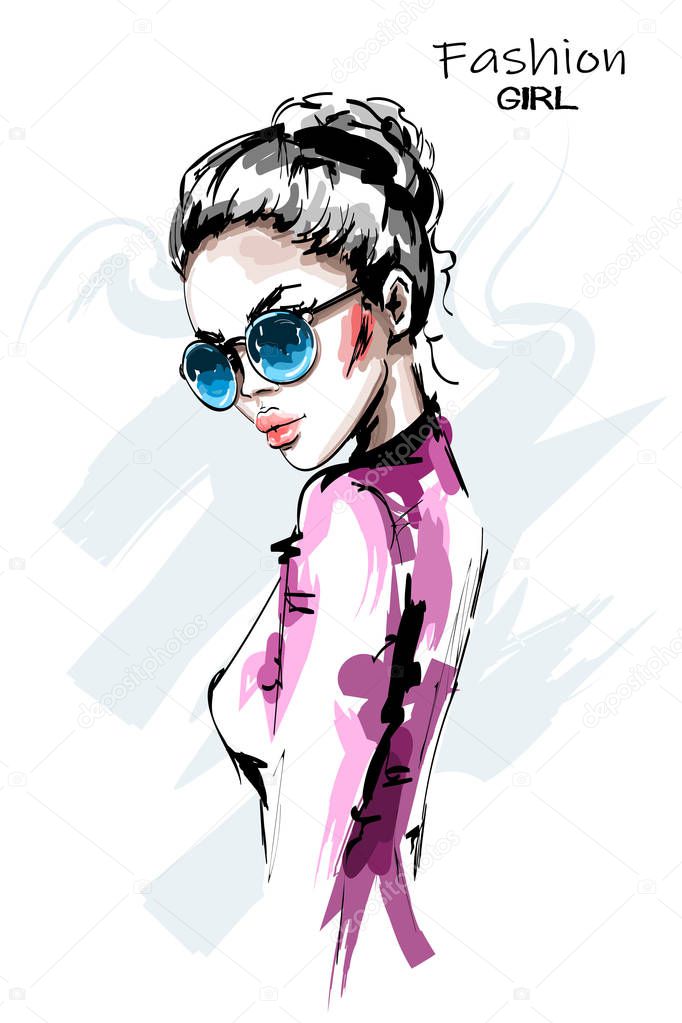 Hand drawn beautiful young woman in sunglasses. Stylish elegant blonde hair girl. Fashion woman portrait. Sketch. 