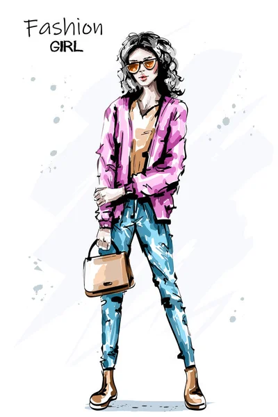 Handgezeichnete Schöne Junge Frau Mit Tasche Stilvolles Elegantes Mädchen Mit — Stockvektor