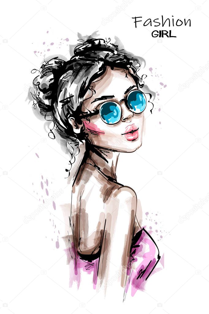 Hand drawn beautiful young woman in sunglasses. Stylish elegant girl with cute hairstyle. Fashion woman portrait. Sketch. 