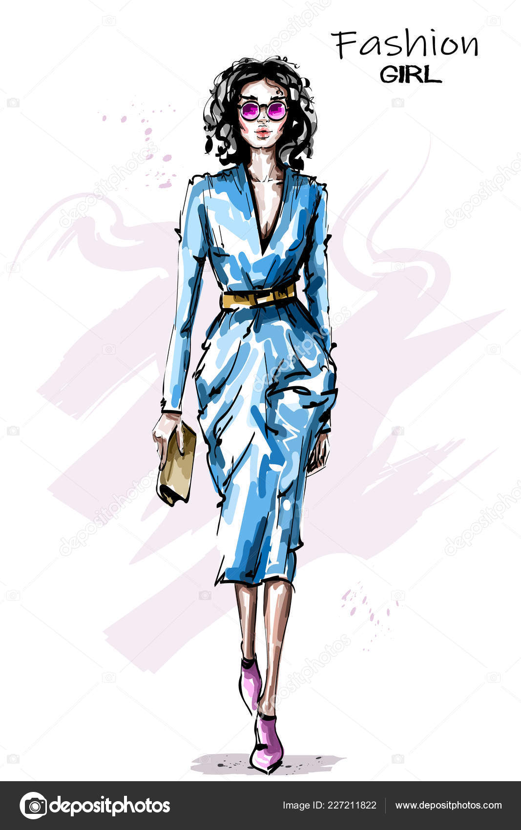Hermosa Mujer Joven Dibujada Mano Con Bolso Elegante Atuendo Chica