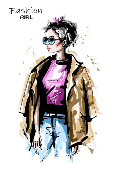 선글라스에 그려진된 우아한 여자의 초상화입니다 스케치 — 스톡 벡터