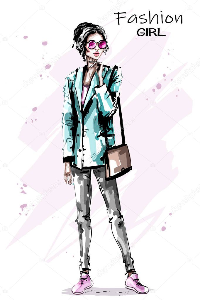 Hand drawn beautiful young woman outfit. Stylish elegant girl look. Fashion woman with bag. Sketch. 