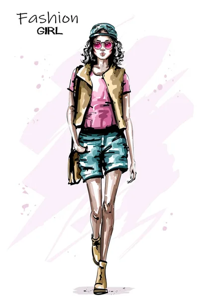 Hand Drawn Beautiful Young Woman Walking Stylish Elegant Girl Cap — Stock Vector